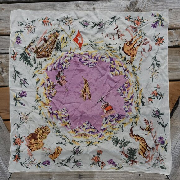 VINTAGE Trübsee Titlis Switzerland SILK Scarf 26" x 25" INTRICATE SKI Uri Alps - Picture 2 of 3